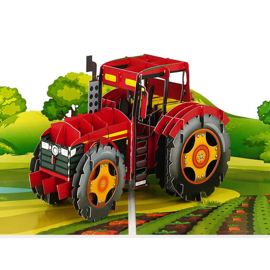 Red Tractor Pop Up Card - Massey Ferguson inspired tractor greeting card - Close Up image of red tractor 3D card on colourful countryside landscape graphics