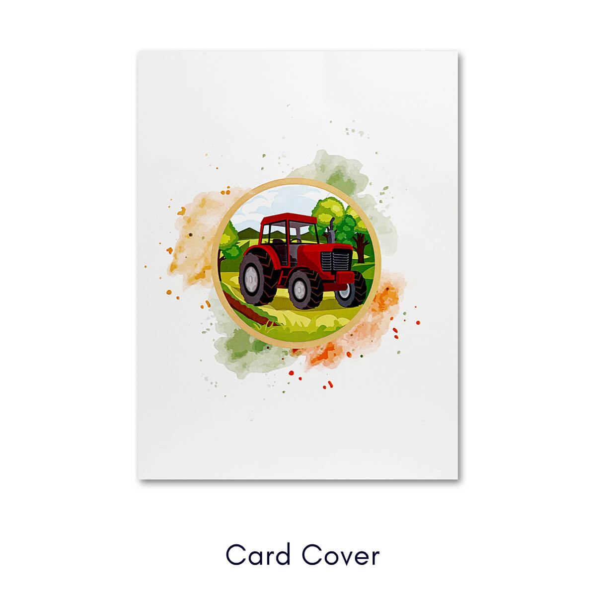 Red Tractor Pop Up Card - Massey Ferguson inspired tractor greeting card - Image of 3D Tractor card front cover image which has a graphic image of a red tractor in the center of the white card