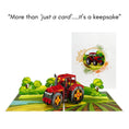 Load image into Gallery viewer, Red Tractor Pop Up Card - Massey Ferguson inspired tractor greeting card - Close Up image of red tractor 3D card on colourful countryside landscape graphics, open with card closed behind it
