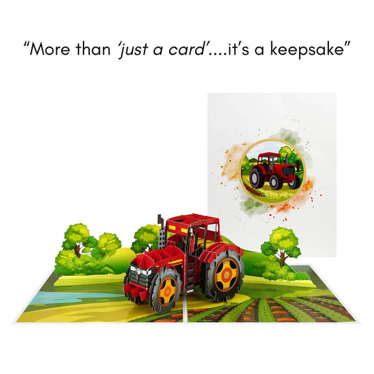 Red Tractor Pop Up Card - Massey Ferguson inspired tractor greeting card - Close Up image of red tractor 3D card on colourful countryside landscape graphics, open with card closed behind it
