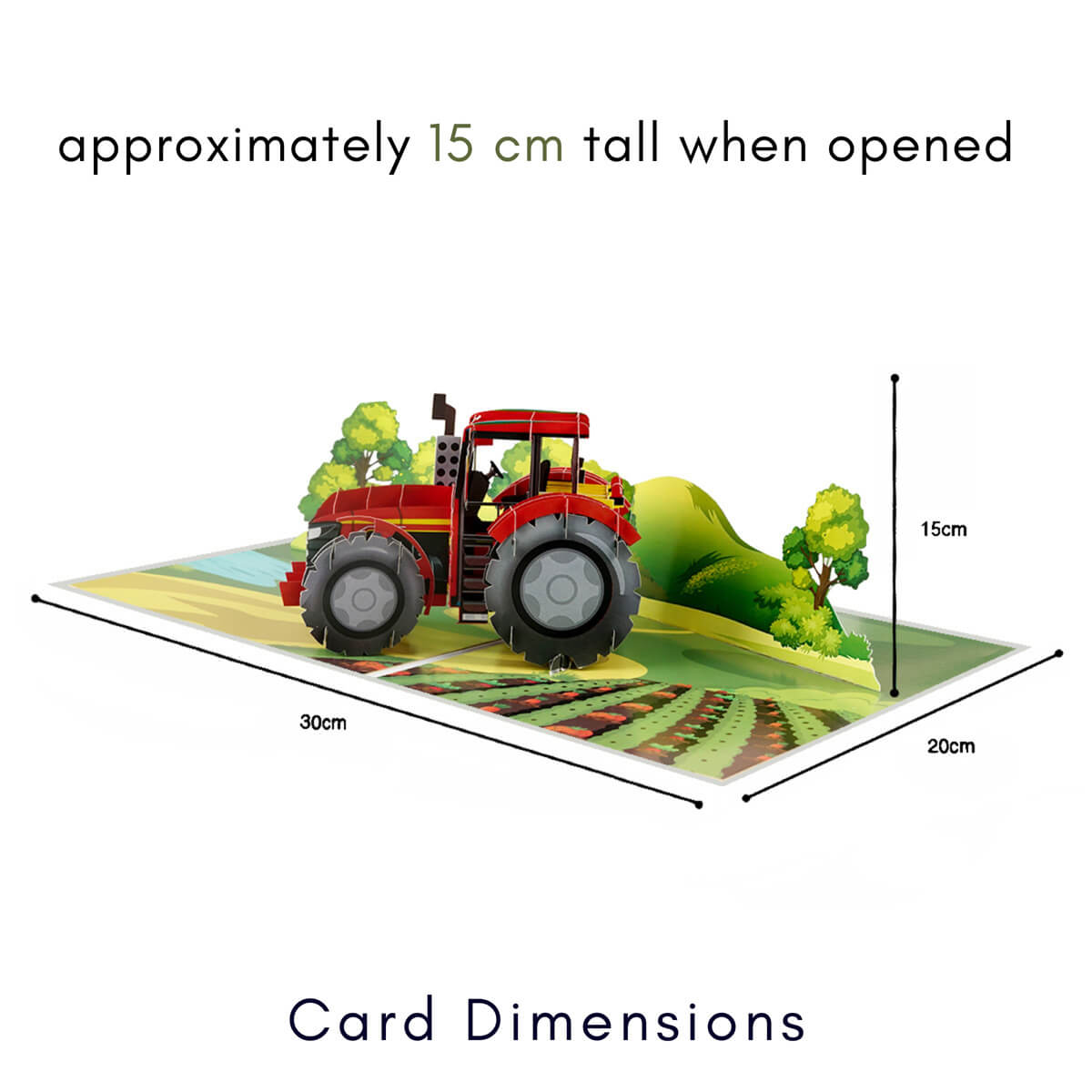 Red Tractor Pop Up Card - Massey Ferguson inspired tractor greeting card - Image of red tractor 3D card dimensions which are 30cm (l) x 20cm (w) x approximately 15cm (h)