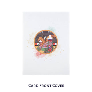Show jumping pop up card by Cardology - close up image of card cover which is white with a circular image of a show jumper