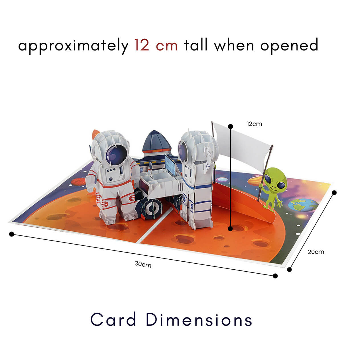 Space Explorer Pop Up Card perfect for Astronaut Gifts for Kids or Space Lovers - Close up image of dimensions which is 30cm x 20cm x 12cm when open