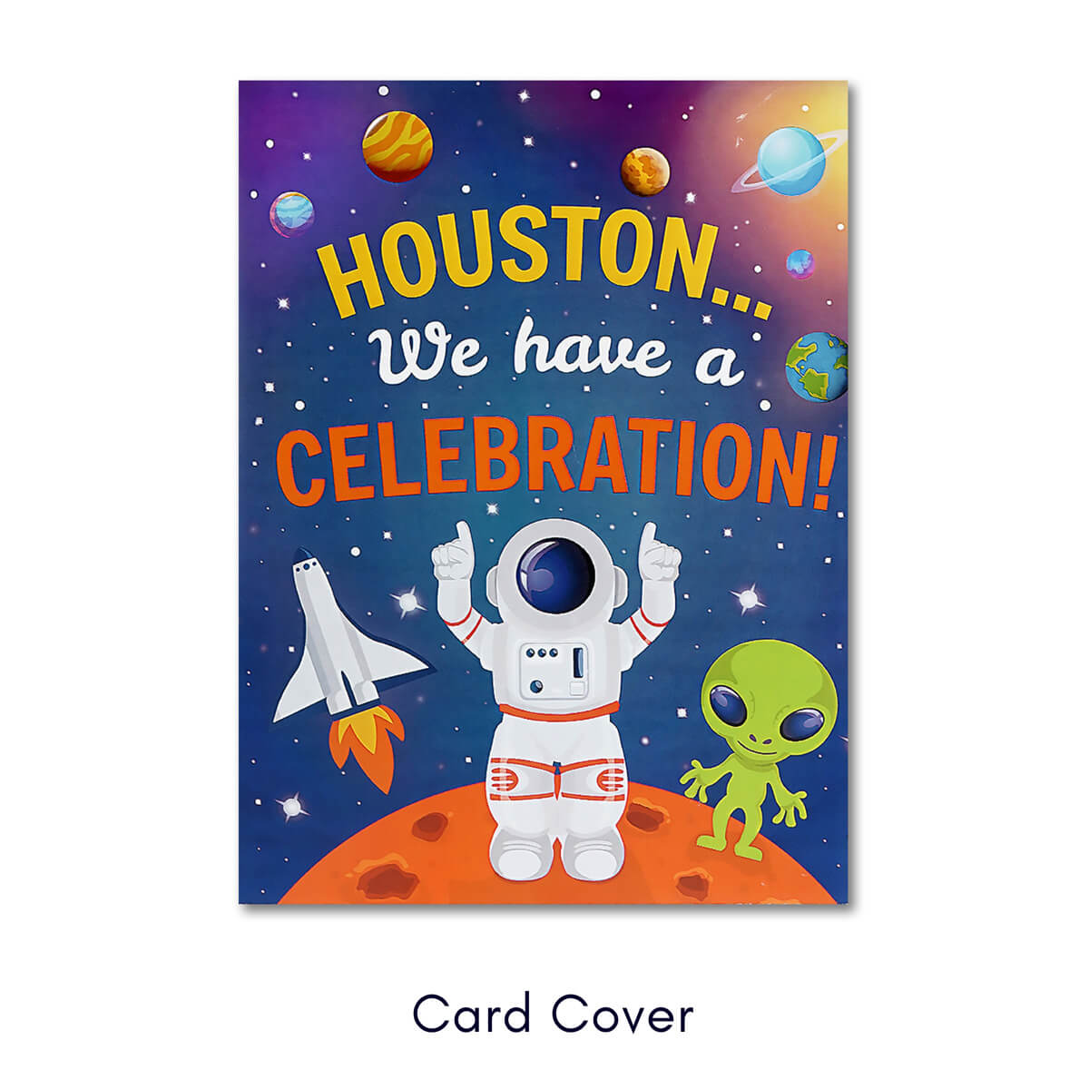 Space Explorer Pop Up Card perfect for Astronaut Gifts for Kids or Space Lovers - Close up image of card cover which says 'Houston We Have a Celebration'