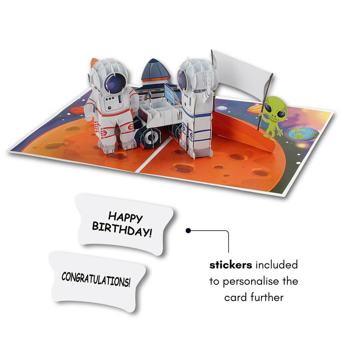 Space Explorer Pop Up Card perfect for Astronaut Gifts for Kids or Space Lovers - image of personalised stickers