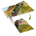 Load image into Gallery viewer, Vintage Steam Train Pop Up Card inspired by the Flying Scotsman and perfect for all occasions including Father's Day. This image shows the pop up card closing