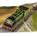 Load image into Gallery viewer, Close up image of Flying Scotsman Pop Up Card featuring a vintage steam train with mountainous backdrop and going over a viaduct.