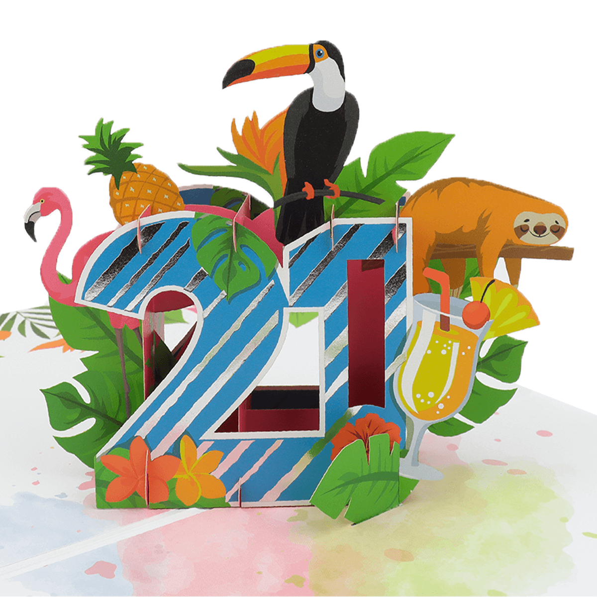 Close Up Image of Tropical 21st Pop Up Card. Pop Up 21 in turquoise with silver foiled stripes, surrounded by tropical graphics such as a toucan, flamingo, sloth, pineapple and cocktails.
