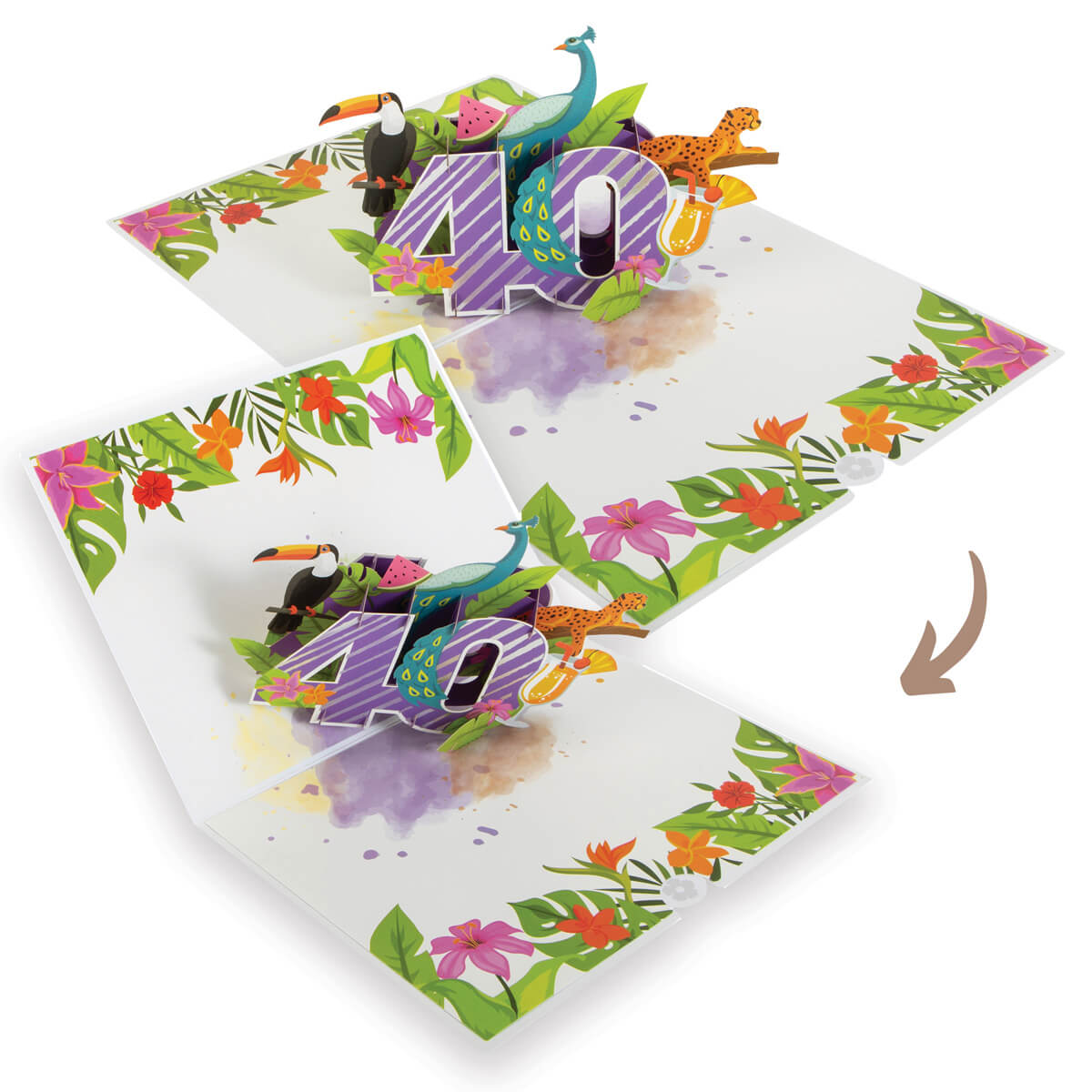 image showing tropical 40th birthday pop up card closing