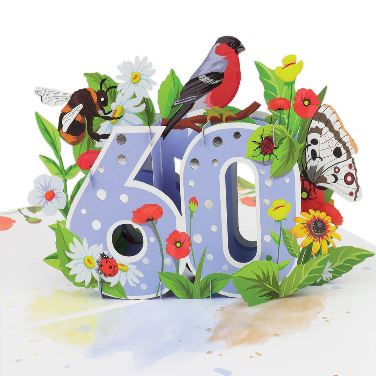 close up image of 60th birthday pop up card, soft blue with foiled silver dots on the 3D pop up 60, surrounded by butterflies, birds and insects. Inspiration of the great british countryside