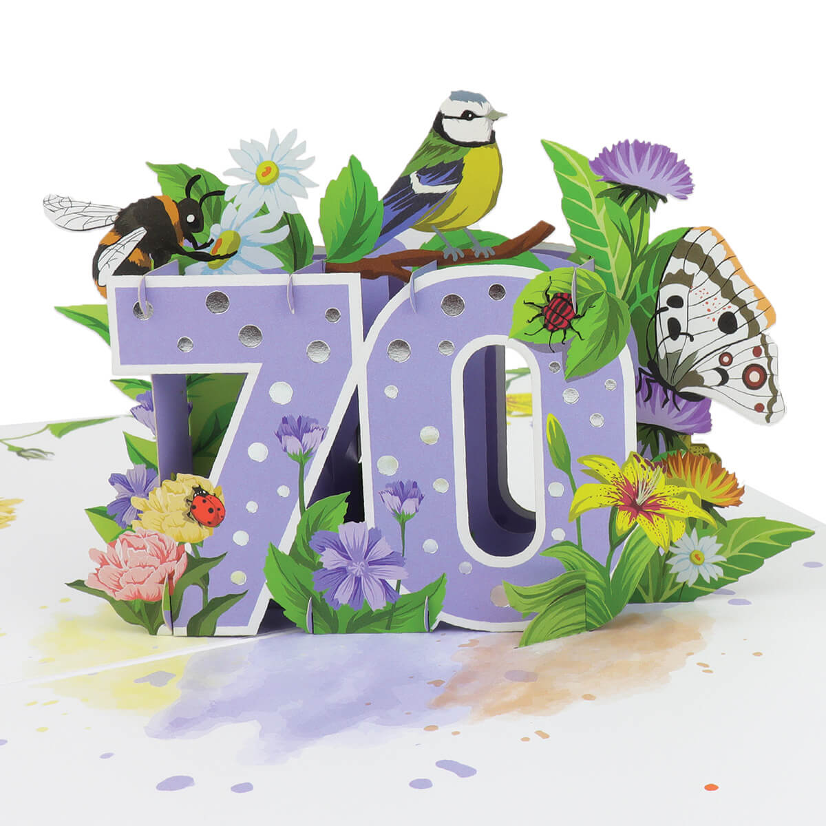 close up image of 70th birthday pop up card, soft lilac with foiled silver dots on the 3D pop up 70, surrounded by butterflies, birds and insects. Inspiration of the great british countryside
