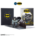 Load image into Gallery viewer, Batman Pop Up Card Fully Open with Cover and Packaging behind - photographed on a white background