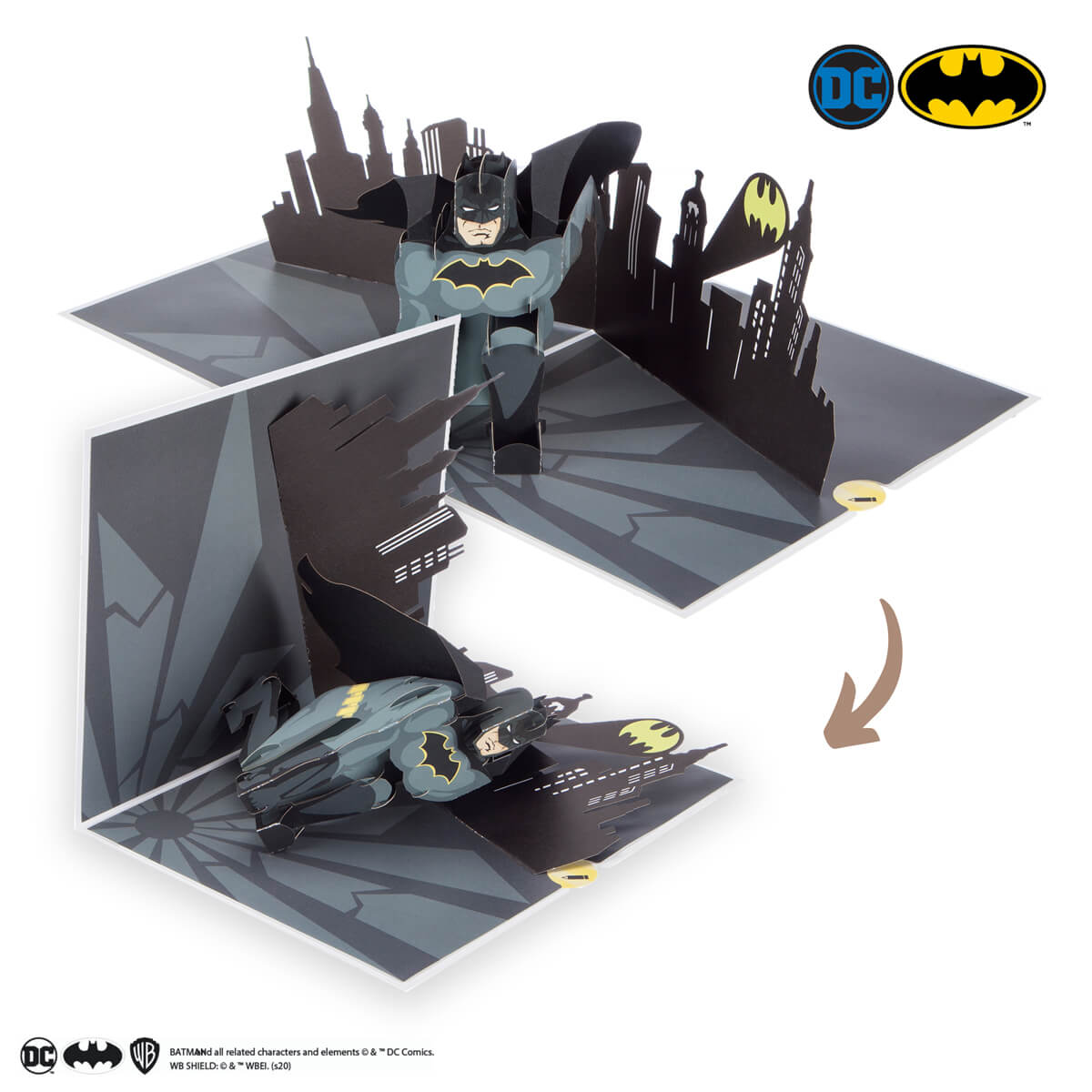 Batman Pop Up Card Closing Image Showing Card Open at 180 Degrees and 90 Degrees  - photographed on a white background