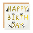Load image into Gallery viewer, White background image of Happy Birthday Cats Card. White with gold foiling with lots of black cats perching on the letters.