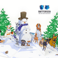 Load image into Gallery viewer, close up image of Battersea Dogs Christmas Charity 3D Card featuring a 3D snowman surround by different dog breeds in the snow