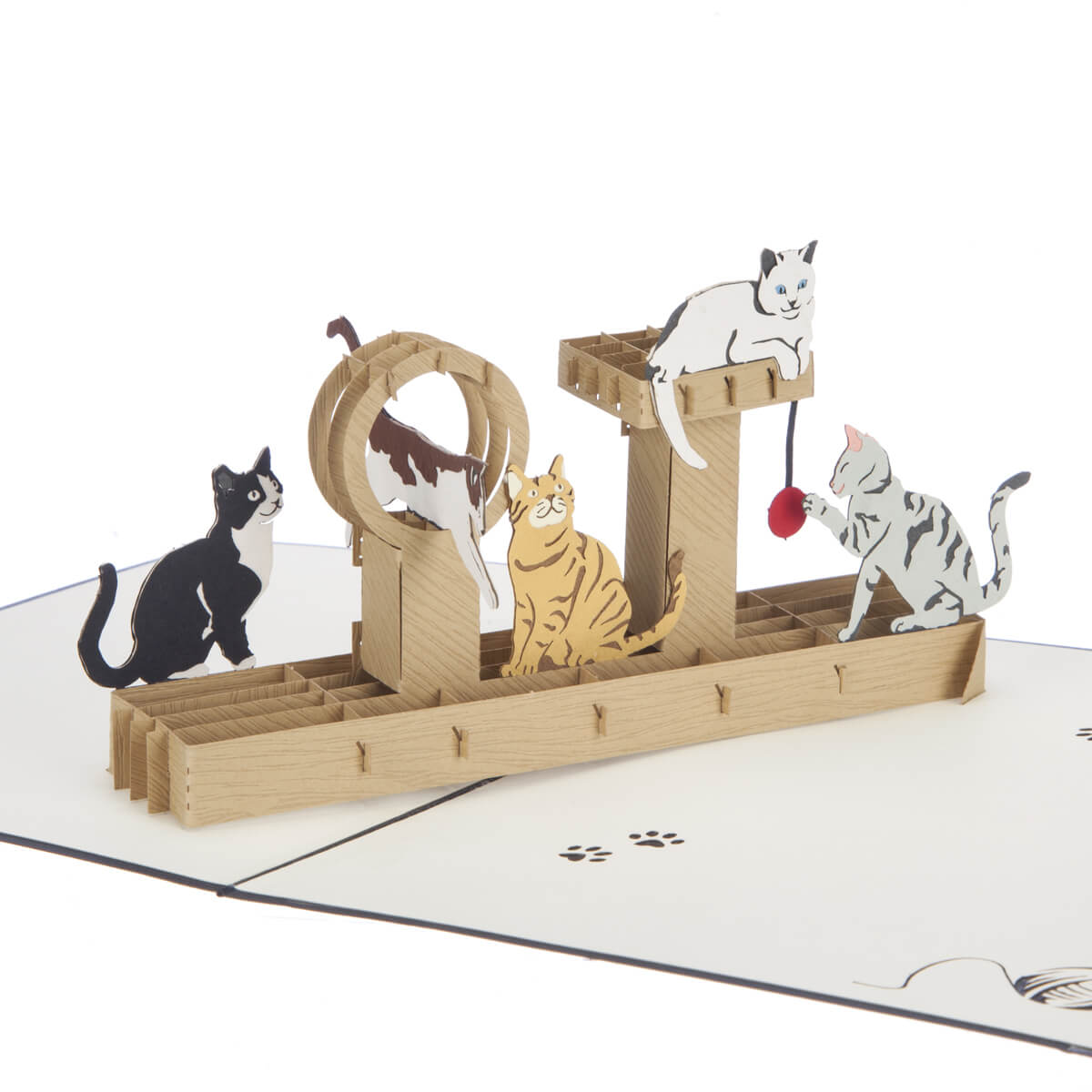 Close up image of "Cat Tree" Pop Up Card featuring 5 cats playing on a pop up cat tree