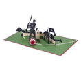 Load image into Gallery viewer, Cricket Pop Up Card featuring a 3D cricket scene with a batsman, wicket keeper, cricket ball and spectators, fully opened at 180 degrees
