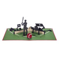 Load image into Gallery viewer, Cricket Pop Up Card featuring a 3D cricket scene with a batsman, wicket keeper, cricket ball and spectators, fully opened