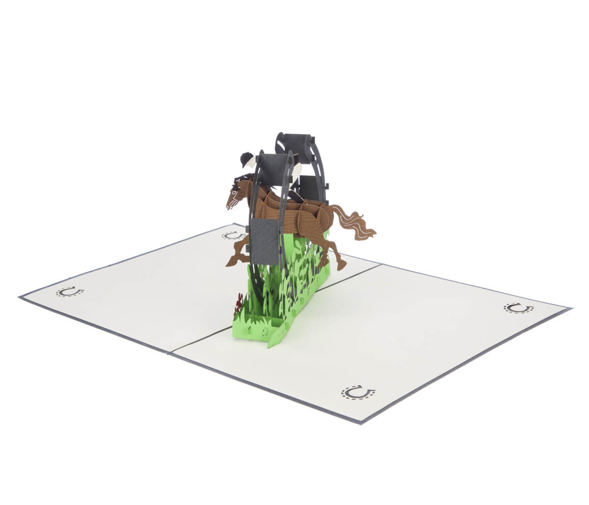 Cross Country Pop Up Card which features a 3D Olympic Legacy horseshoe jump with a horse and rider jumping through, fully open at 180 degrees