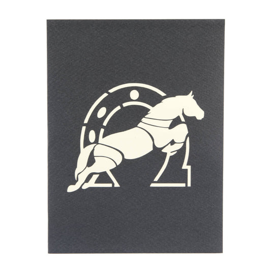Cross Country Pop Up Card Cover featuring a horse and horseshoe on grey background