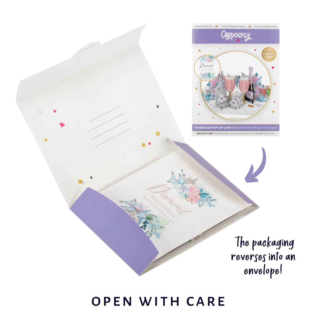 Diamond Wedding Anniversary Card for 60th Wedding Anniversary Gift - reversible packaging which turns into a beautifully designed gifting envelope