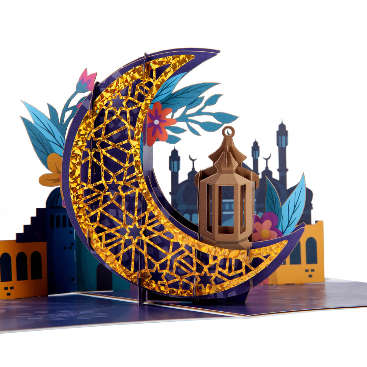 Close up image of Eid Pop Up Card featuring a gold moon and lantern