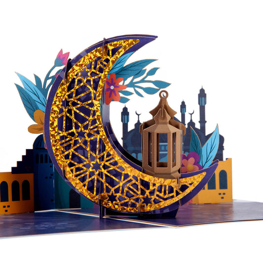 Close up image of Eid Pop Up Card featuring a gold moon and lantern