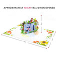 Load image into Gallery viewer, image of floral 50th birthday pop up card dimensions. When card is open the dimensions are 30cm length x 20cm width. The pop up is approximately 10cm high