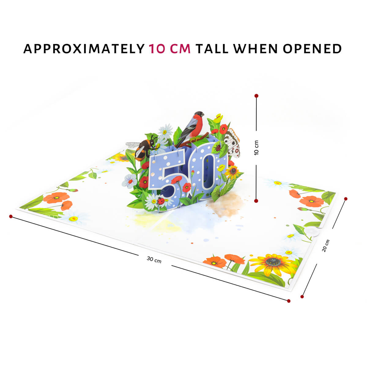 image of floral 50th birthday pop up card dimensions. When card is open the dimensions are 30cm length x 20cm width. The pop up is approximately 10cm high