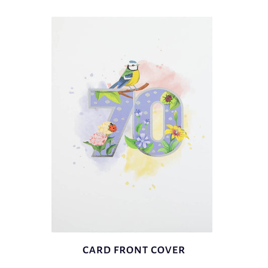 cover image of 70th birthday pop up card, white cover with pastel watercolours and a silver foiled 70