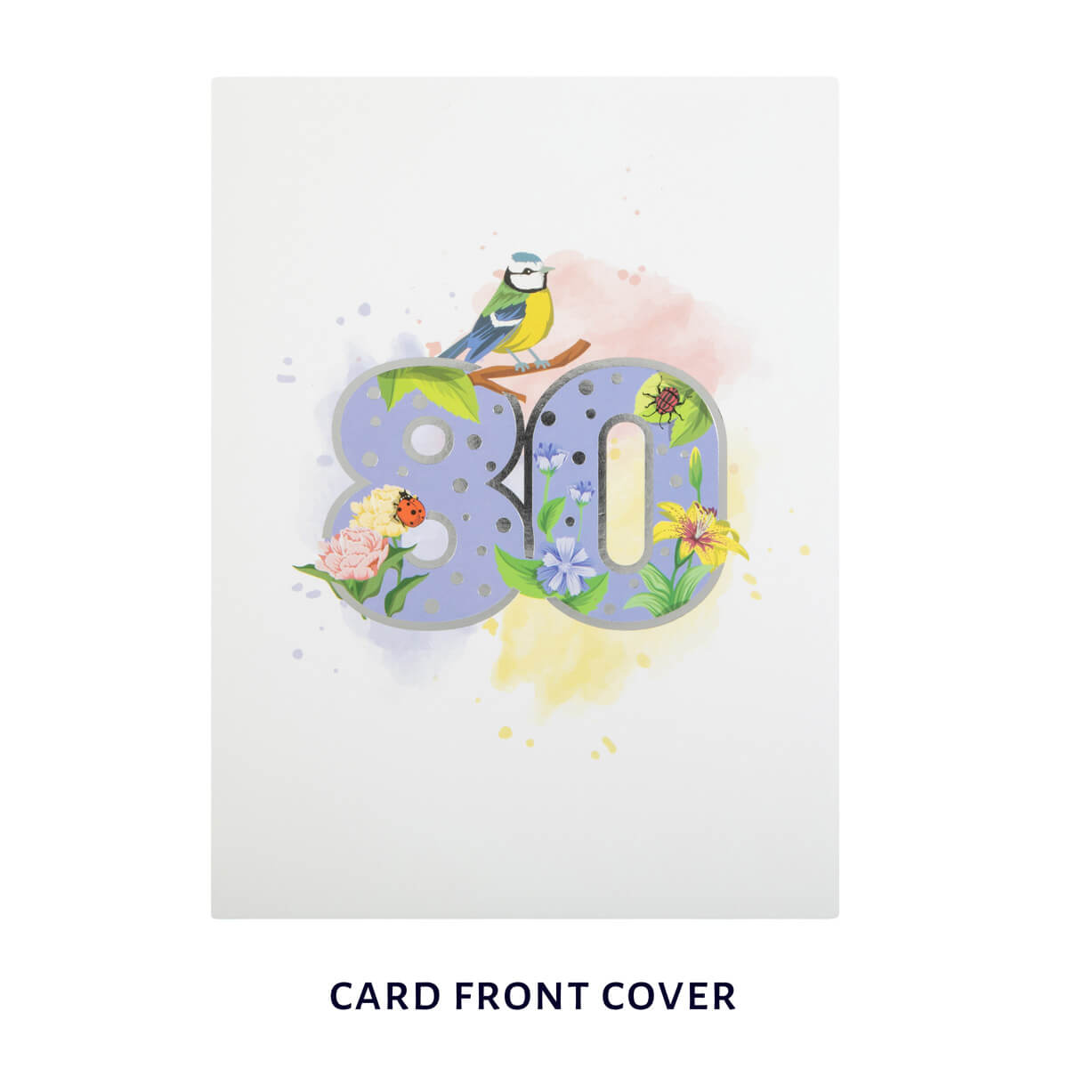 cover image of 80th birthday pop up card, white cover with pastel watercolours and a silver foiled 80
