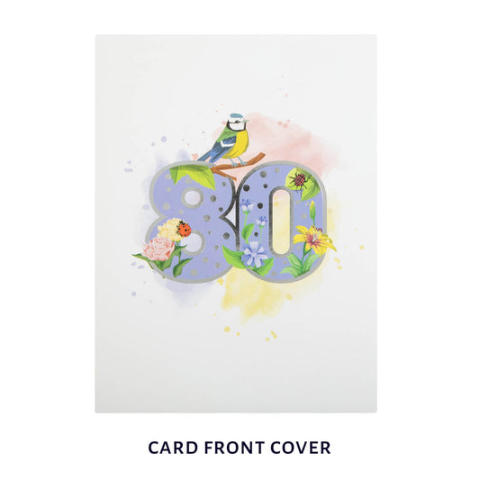 cover image of 80th birthday pop up card, white cover with pastel watercolours and a silver foiled 80