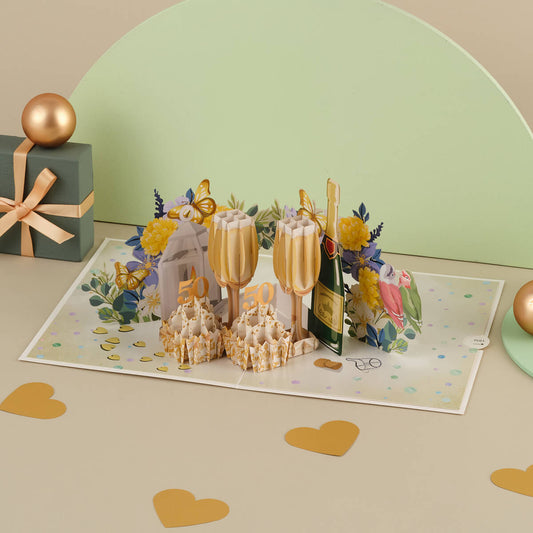Golden Wedding Anniversary Card for a 50th Wedding Anniversary Gift - lifestyle image of 50th wedding anniversary card close up