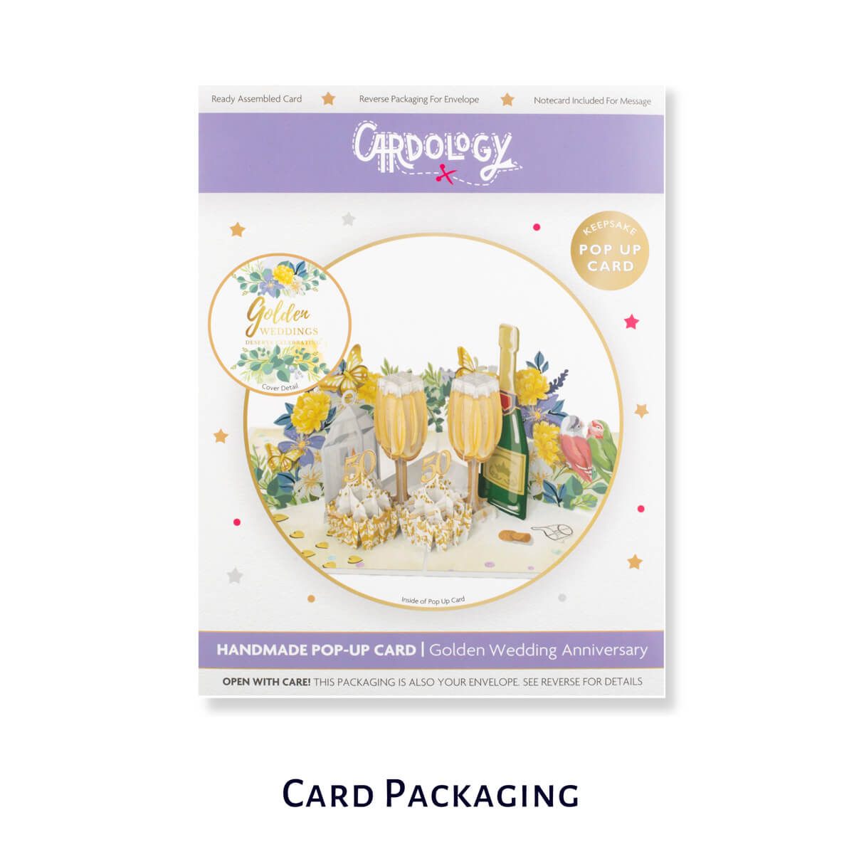 Golden Wedding Anniversary Card for a 50th Wedding Anniversary Gift - lifestyle image of 50th wedding anniversary card packaging on a white background