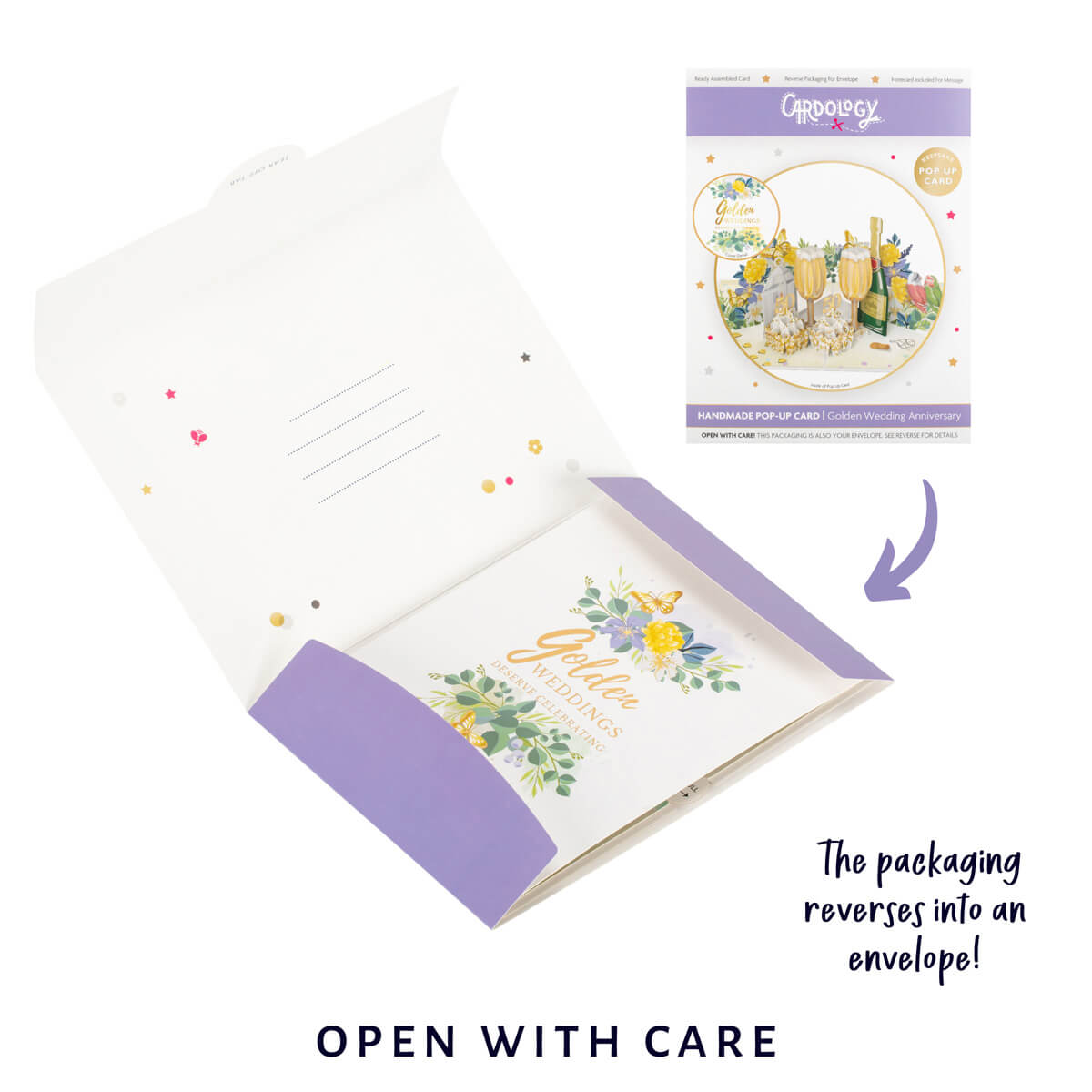 Golden Wedding Anniversary Card for a 50th Wedding Anniversary Gift - lifestyle image of 50th wedding anniversary card reversible packaging which converts into a gifting envelope, eliminating plastic waste