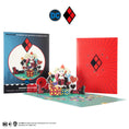 Load image into Gallery viewer, DC Comics Harley Quinn Pop Up Card - Card Fully Open With Cover And Packaging On A White Background