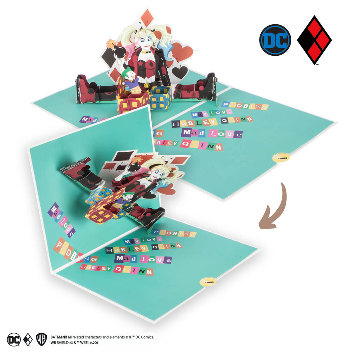 DC Comics Harley Quinn Pop Up Card - Image Showing Card Closing - Half Closed at 90 degrees