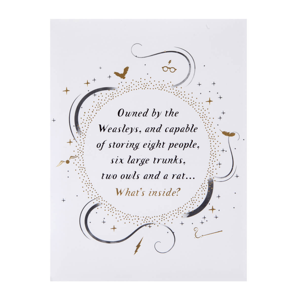 Image of Harry Potter Flying Ford Anglia Pop Up Card Cover which reads "Owned by the Weasleys, and capable of storing eight people, six large trunks, two owls and a rat...what's inside?"