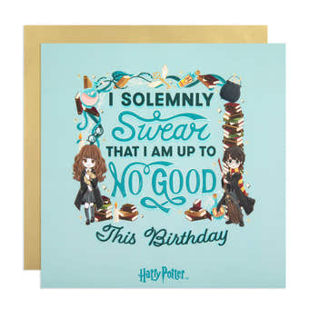 This Harry Potter Birthday Card is from the Anime Collection and features anime illustrations of Harry Potter and Hermione. The card reads ' I Solemnly Swear That I Am Up To No Good This Birthday.' This card is printed with a duck egg blue background colour