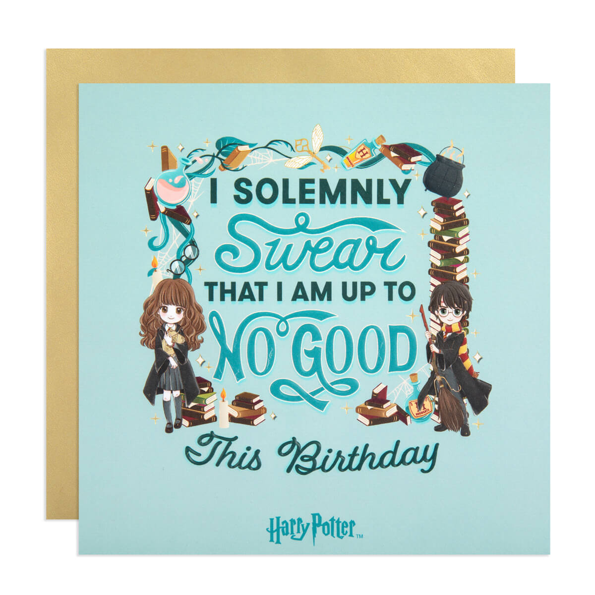 This Harry Potter Birthday Card is from the Anime Collection and features anime illustrations of Harry Potter and Hermione.  The card reads ' I Solemnly Swear That I Am Up To No Good This Birthday.'  This card is printed with a duck egg blue background colour