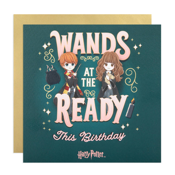 Harry Potter Birthday Card with Anime Characters of Hermione and Ron Weasley. Card reads 'Wands At The Ready This Birthday'