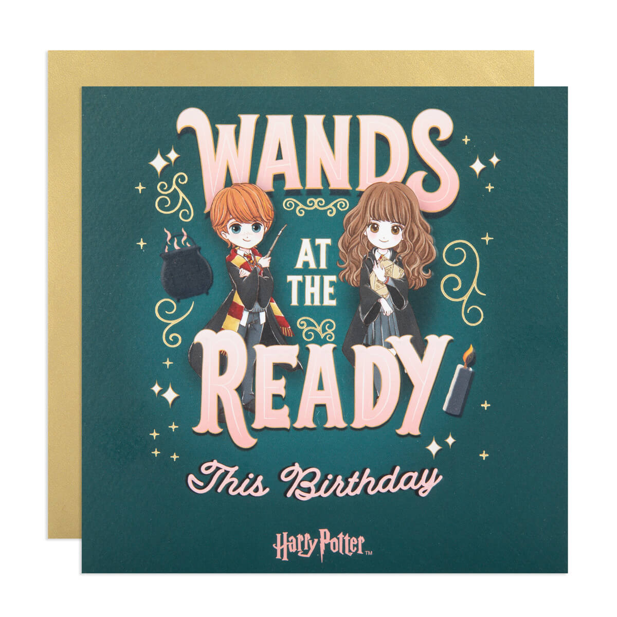 Harry Potter Birthday Card with Anime Characters of Hermione and Ron Weasley.  Card reads 'Wands At The Ready This Birthday'