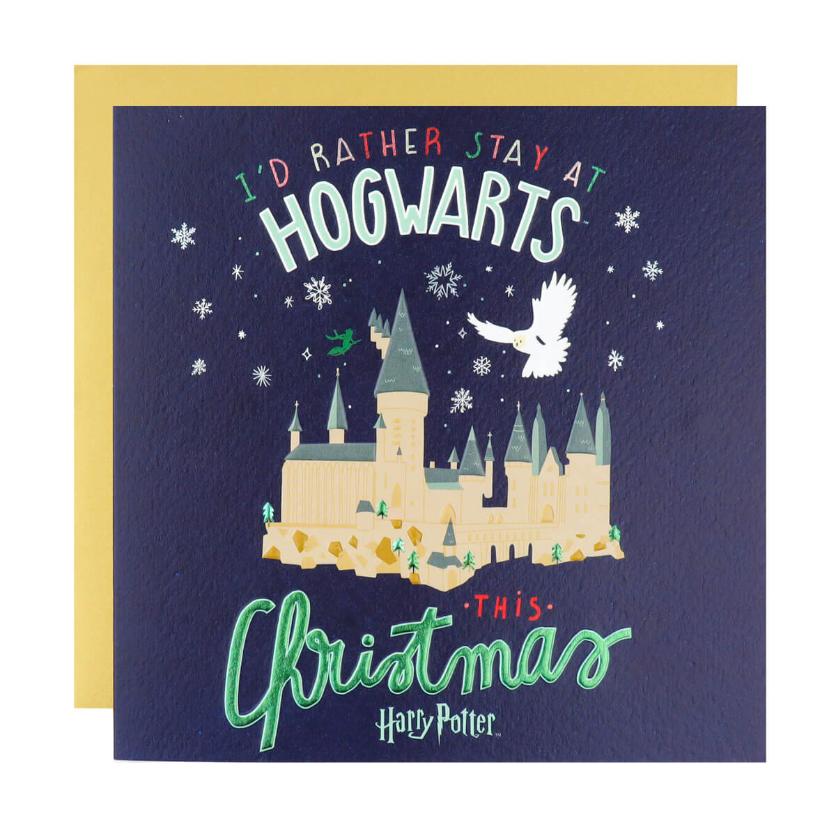 Blue Harry Potter Christmas Card which reads 'I'd Rather Stay At Hogwarts This Christmas' - image taken on a white backdrop