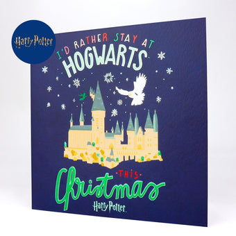 Blue Harry Potter Christmas Card which reads 'I'd Rather Stay At Hogwarts This Christmas'