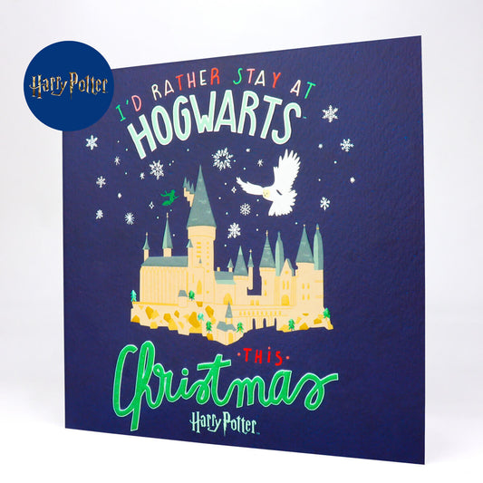 Blue Harry Potter Christmas Card which reads 'I'd Rather Stay At Hogwarts This Christmas'