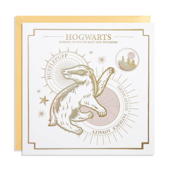 Harry Potter Hufflepuff Greetings Card - White Card with Gold Embossing - photographed on a white background with gold envelope