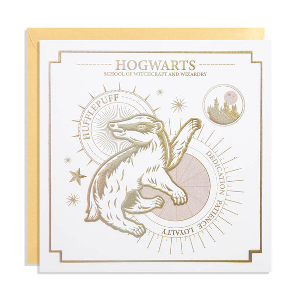 Harry Potter Hufflepuff Greetings Card - White Card with Gold Embossing - photographed on a white background with gold envelope