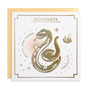 Harry Potter Slytherin Greetings Card - White Card with Gold Embossing - photographed on a white background with gold envelope