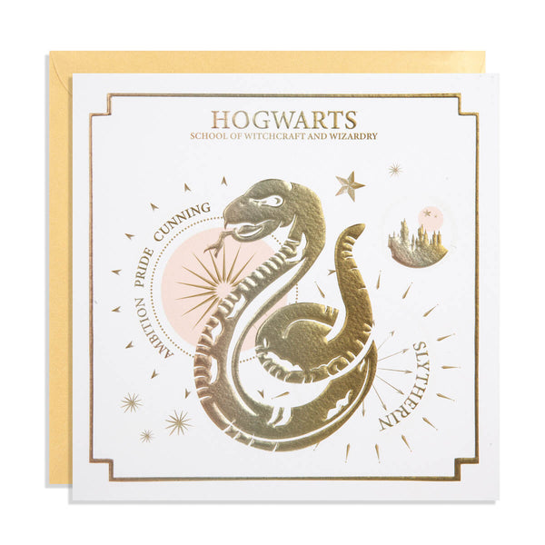 Harry Potter Slytherin Greetings Card - White Card with Gold Embossing - photographed on a white background with gold envelope