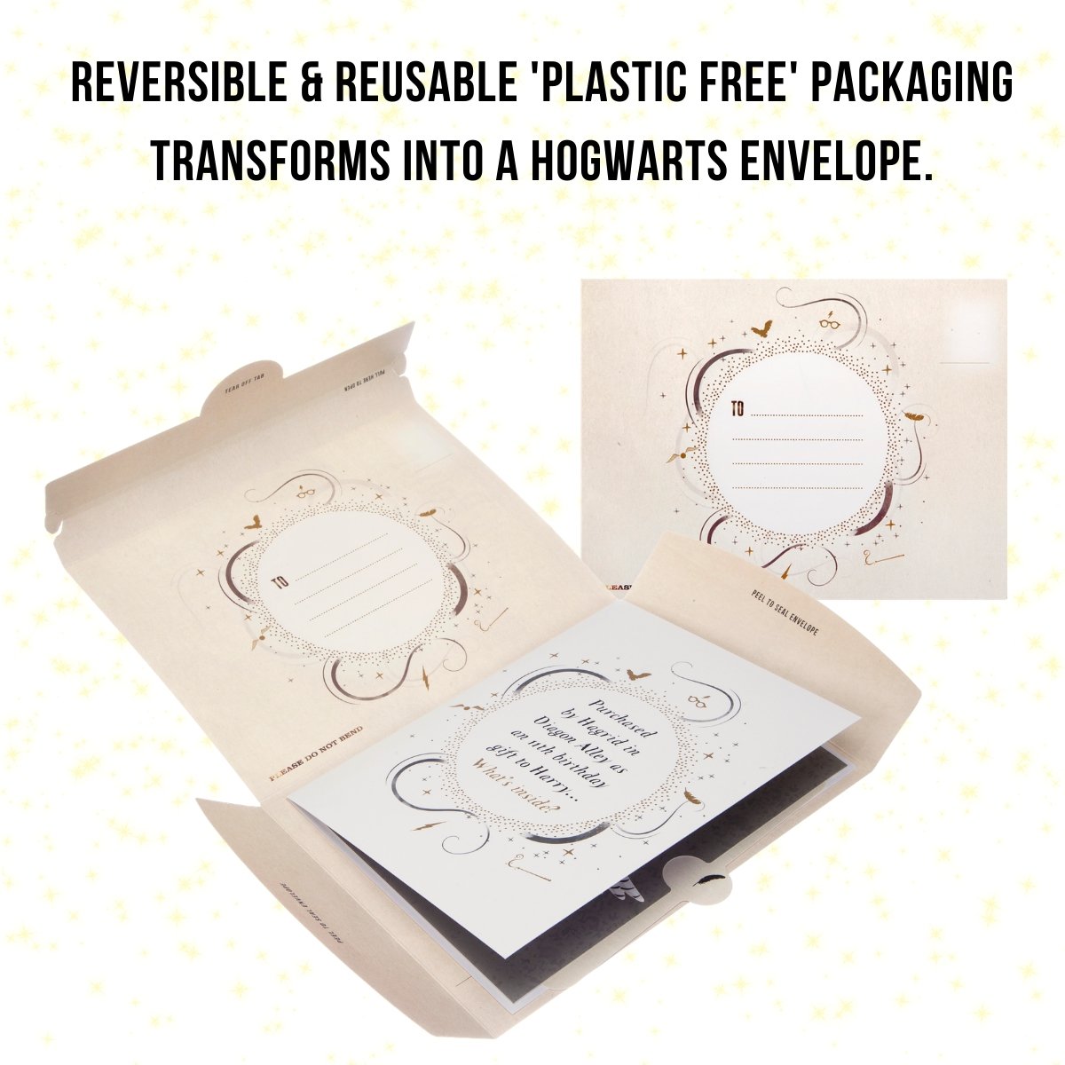 Reversible and reusable packaging for Hedwig Card which transforms into Hogwarts letter
